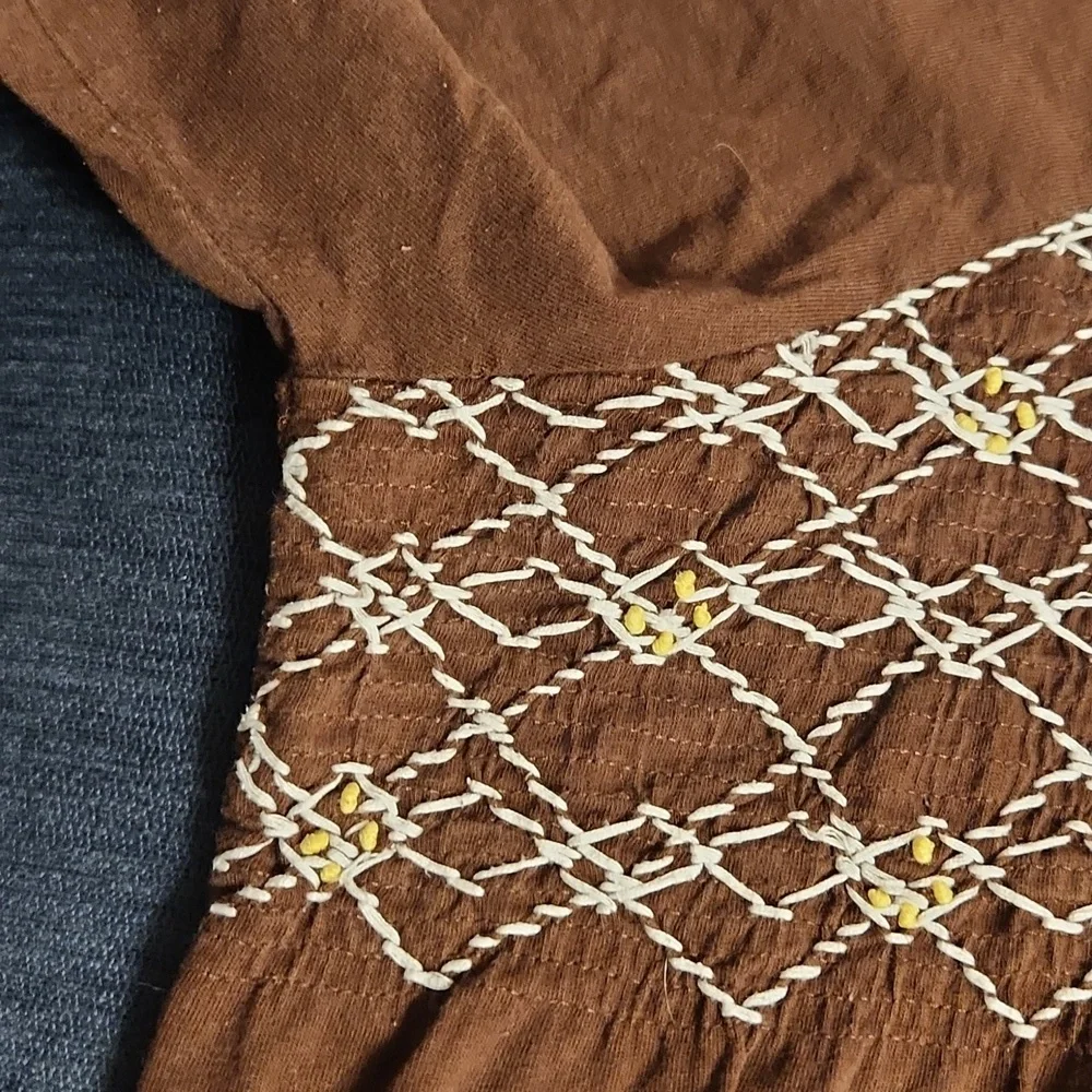 Roaman's Brown Jersey Cotton Smocked Bodice & Embroidered Long Sleeve Top  2X